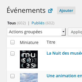 Le lien vers une page listant des événements est inséré à côté du titre dans l'administration.